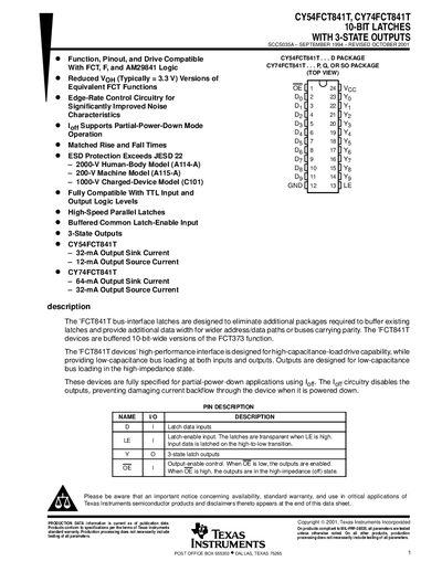 TEXAS INSTRUMENTS CY54FCT841T CY74FCT841T 10-BIT LATCHES WITH 3-STATE OUTPUTS Data Sheet - cover page