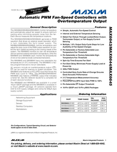 Maxim MAX6643/MAX6644/MAX6645 Automatic PWM Fan-Speed Controller Datasheet - cover page