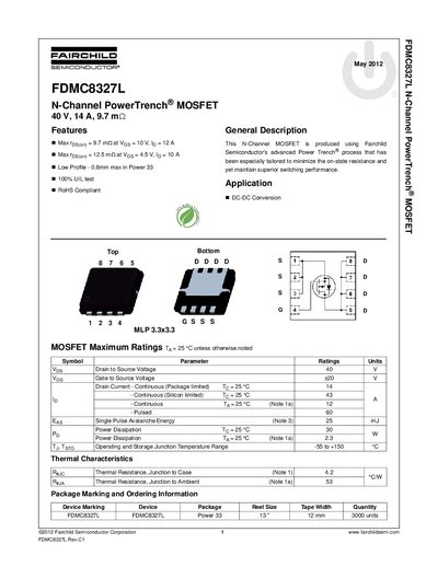 Fairchild Semiconductor FDMC8327L N-Channel PowerTrench MOSFET Datasheet - cover page
