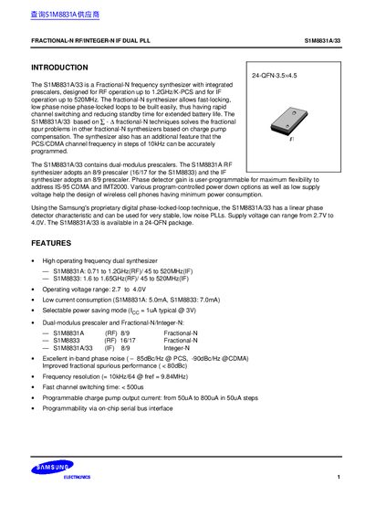 Samsung S1M8831A/33 Fractional-N RF/Integer-N IF Dual PLL Datasheet - cover page