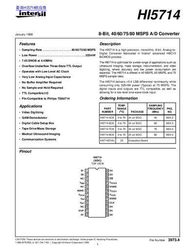 Intersil HI5714 8-Bit A/D Converter Datasheet - cover page