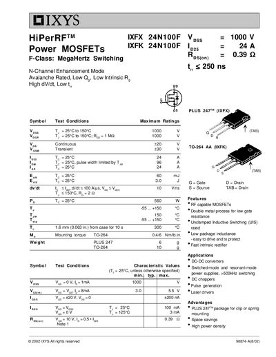 IXYS IXFX 24N100F Power MOSFET Datasheet - cover page