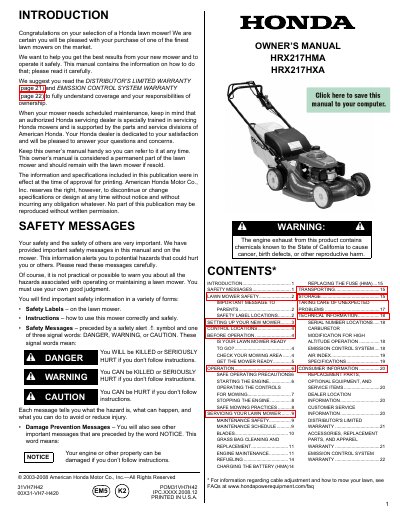 Honda HRX217HMA/HRX217HXA Lawn Mower Owner's Manual - cover page