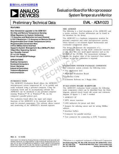 Analog Devices EVAL-ADM1023 Evaluation Board User Guide - cover page