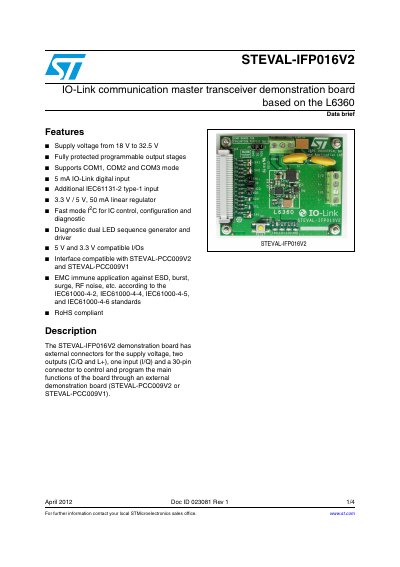 STMicroelectronics STEVAL-IFP016V2 IO-Link Master Transceiver Demonstration Board Data Brief