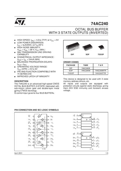 STMicroelectronics 74AC240 Octal Bus Buffer with 3‑State Outputs (Inverted) Datasheet - cover page