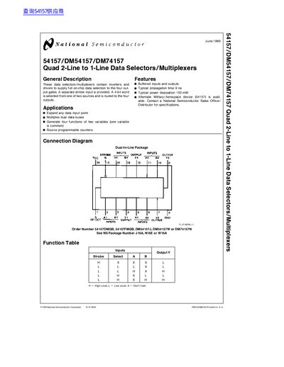 National Semiconductor 54157/DM54157/DM74157 Quad 2-Line to 1-Line Data Selectors/Multiplexers Datasheet - cover page