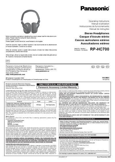 Panasonic RP-HC700 Stereo Headphones Operating Instructions - cover page