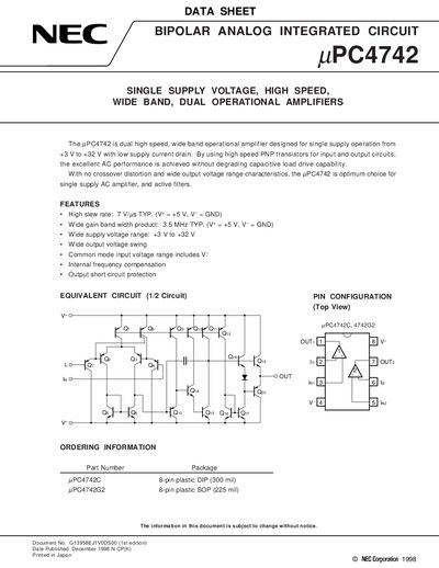 NEC uPC4742 Bipolar Analog Integrated Circuit Datasheet - cover page
