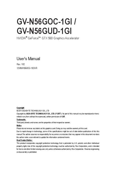 GIGABYTE GV-N56GOC-1GI GV-N56GUD-1GI NVIDIA GeForce GTX 560 Graphics Accelerator User's Manual - cover page