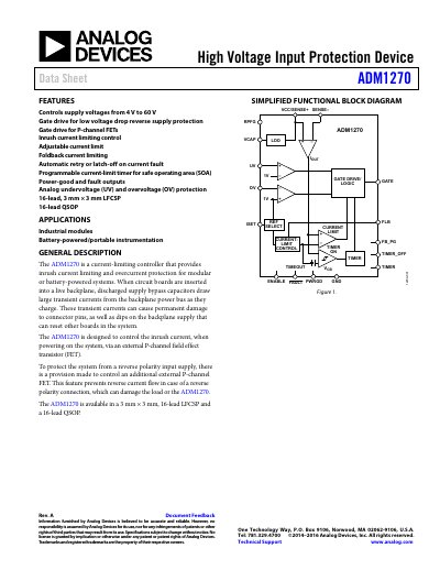 Analog Devices ADM1270 High Voltage Input Protection Device Data Sheet - cover page