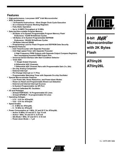 ATMEL ATtiny26 ATtiny26L 8-bit Microcontroller with 2K Bytes Flash handbook