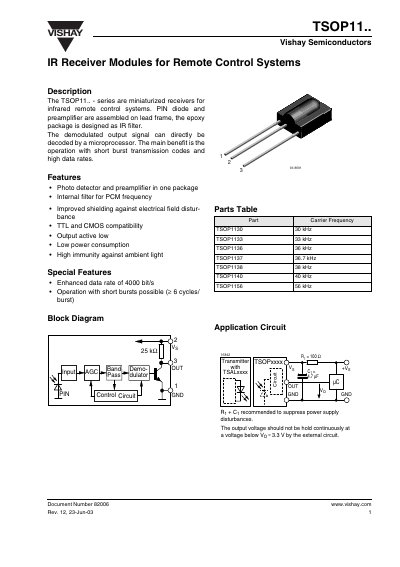 Vishay TSOP11 Series Infrared Receiver Module Datasheet - cover page