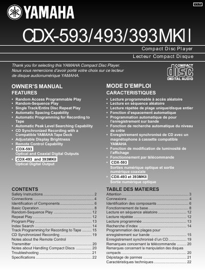Yamaha CDX-593/493/393MkII Compact Disc Player Owner's Manual - cover page