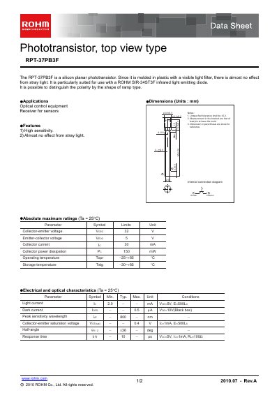 ROHM RPT-37PB3F Phototransistor Datasheet - cover page