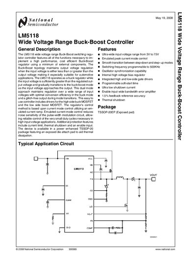 National Semiconductor LM5118 Wide Voltage Range Buck‑Boost Controller Datasheet - cover page
