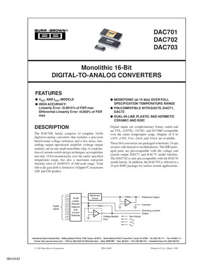 Burr-Brown DAC701/702/703 16-Bit Digital-to-Analog Converters Datasheet - cover page