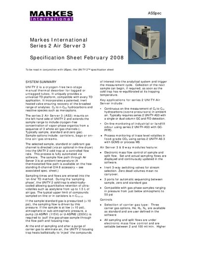 Markes International Series 2 Air Server 3 Specification Sheet - cover page