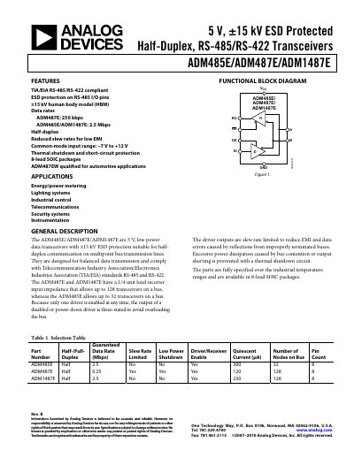 Analog Devices ADM485E/ADM487E/ADM1487E Data Sheet - cover page