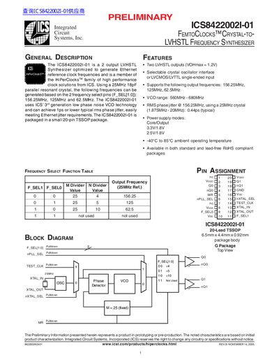 ICS ICS8422002I-01 FemtoCLocks CrystaL-To-LVHSTL Frequency Synthesizer Datasheet - cover page