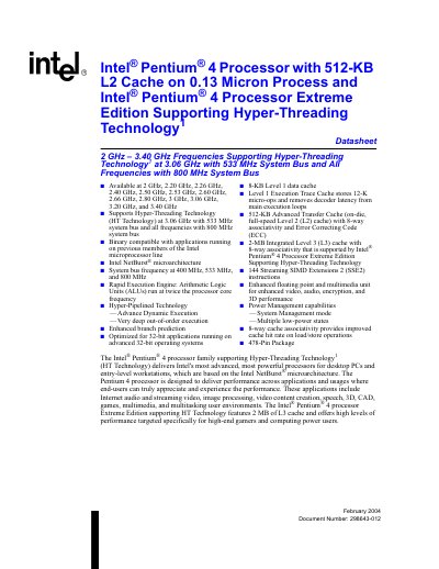 Intel Pentium 4 Processor (512‑KB L2 Cache, 0.13 µm) Datasheet - cover page