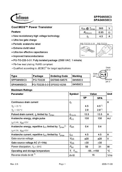 Infineon SPP04N50C3 Power Transistor Datasheet - cover page