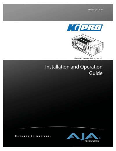 AJA KiPRO Version 3.0 Installation and Operation Guide - cover page
