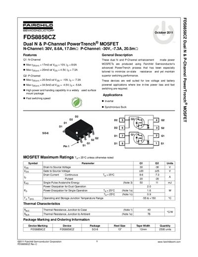 Fairchild Semiconductor FDS8858CZ Dual N & P-Channel MOSFET Datasheet - cover page