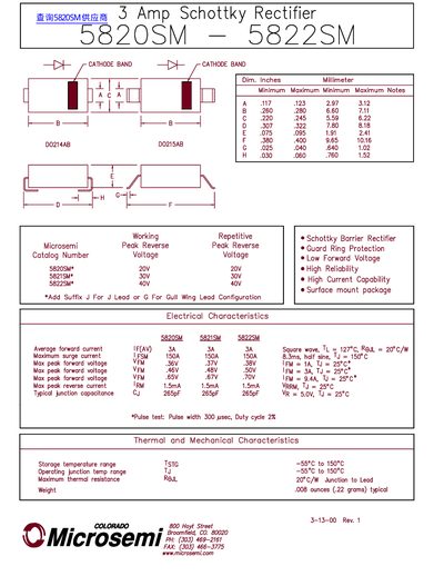 Microsemi 5820SM Series 3 A Schottky Rectifier Datasheet - cover page