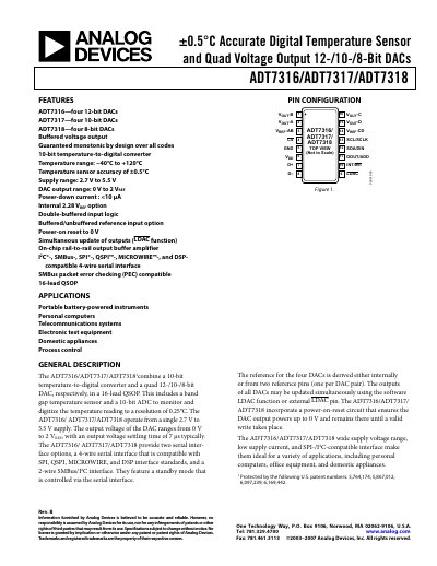 Analog Devices ADT7316/ADT7317/ADT7318 Digital Temperature Sensor and Quad DAC Datasheet Rev B - cover page