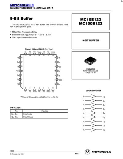 Motorola MC10E122/MC100E122 9-Bit Buffer Datasheet - cover page