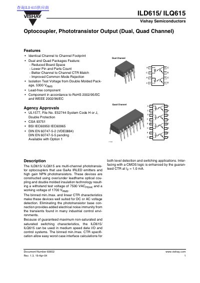 Vishay ILD615/ILQ615 Phototransistor Optocoupler Datasheet - cover page