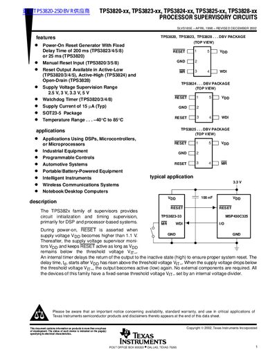 TEXAS INSTRUMENTS TPS3820-XX Data Sheet - cover page