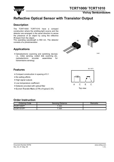 Vishay TCRT1000/TCRT1010 Reflective Optical Sensor Datasheet - cover page