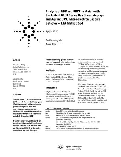 Agilent 6890 Series GC Micro-ECD Analysis of EDB and DBCP EPA Method 504 Application Note - cover page