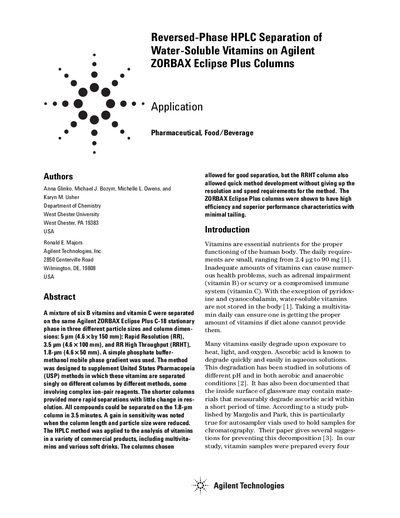 Agilent ZORBAX Eclipse Plus HPLC Separation of Water-Soluble Vitamins Application Note - cover page