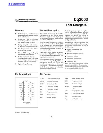 Texas Instruments bq2003 Fast Charge IC Datasheet - cover page
