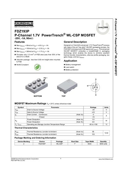 Fairchild Semiconductor FDZ193P P-Channel MOSFET Datasheet - cover page