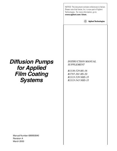 Agilent Technologies Diffusion Pumps for Applied Film Coating Systems R1330-529 HS-16 Manual - cover page