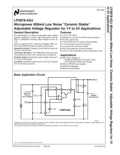 National Semiconductor LP3878-ADJ Adjustable Voltage Regulator Datasheet - cover page