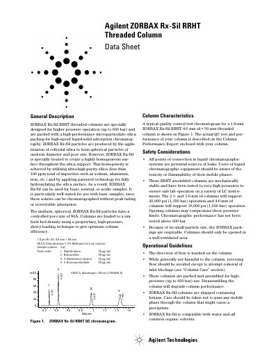 Agilent ZORBAX Rx-Sil RRHT Threaded Column Datasheet - cover page