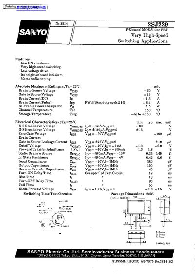 Sanyo 2SJ229 P-Channel MOSFET Datasheet - cover page