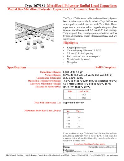 Cornell Dubilier Type 167/184 Metallized Polyester Radial Lead Capacitors Datasheet - cover page