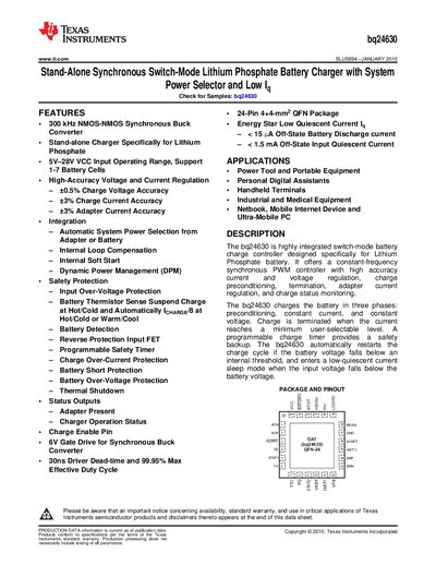 Texas Instruments bq24630 Battery Charger Datasheet - cover page