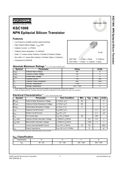 Fairchild KSC1008 NPN Epitaxial Silicon Transistor Datasheet - cover page