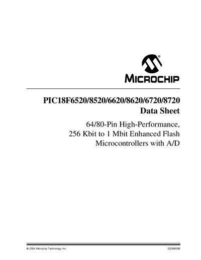Microchip PIC18F6520/8520/6620/8620/6720/8720 Datasheet - cover page