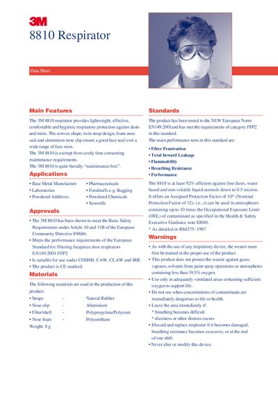 3M 8810 Respirator Data Sheet - cover page