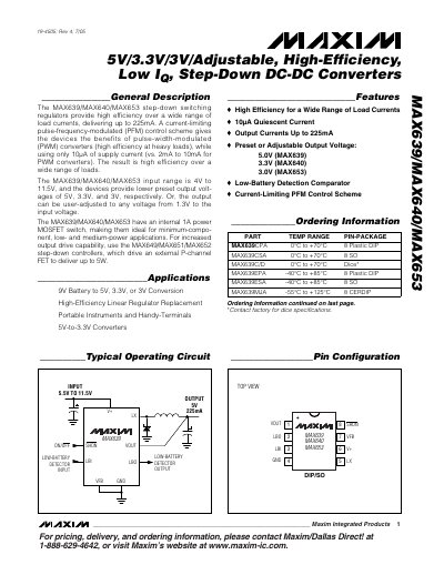 Maxim MAX639/MAX640/MAX653 Step-Down DC-DC Converter Datasheet - cover page