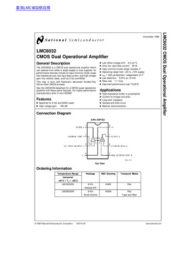National Semiconductor LMC6032 CMOS Dual Operational Amplifier Datasheet - cover page