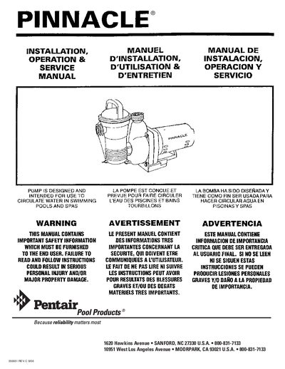 Pentair PINNACLE Pool Pump Installation Operation Service Manual - cover page